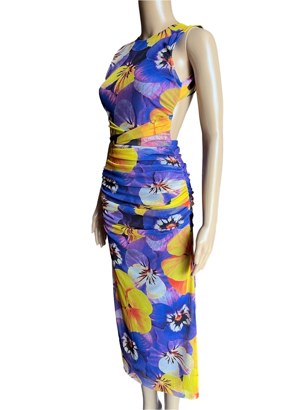 Zara Floral Ruched Tulle Midi Dress Open Back Mesh Bodycon S - Picture 2 of 9